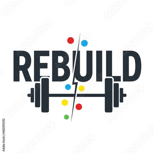 Logo design featuring the word "REBUILD" with a lightning bolt and barbell illustration, representing fitness.