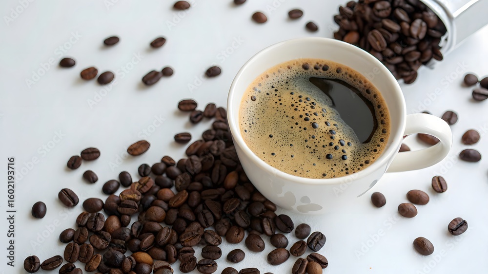 Obraz premium Aromatic Black Coffee in a White Cup Surrounded by Roasted Coffee Beans on White Surface
