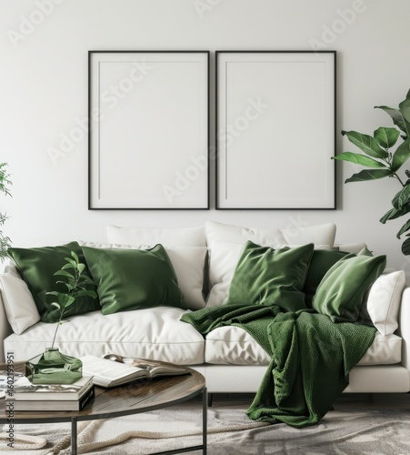 Minimalist living room interior with a white sofa. green throw blanket. and two empty picture frames above