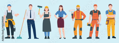 Diverse Professionals in Various Occupations and Trades, Including Construction Workers, Office Staff, and Service Providers, Representing a Skilled Workforce, cad drawing flat vector illustration