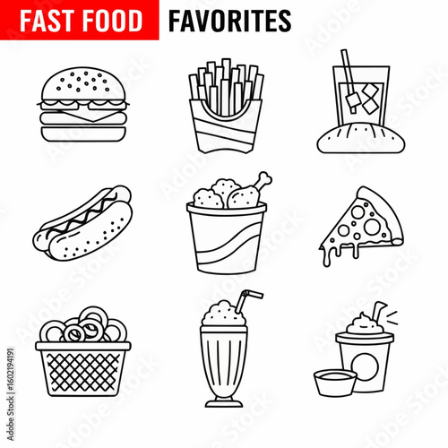 fast food icons showing burgers, fries, pizza, soda, milkshakes, and more