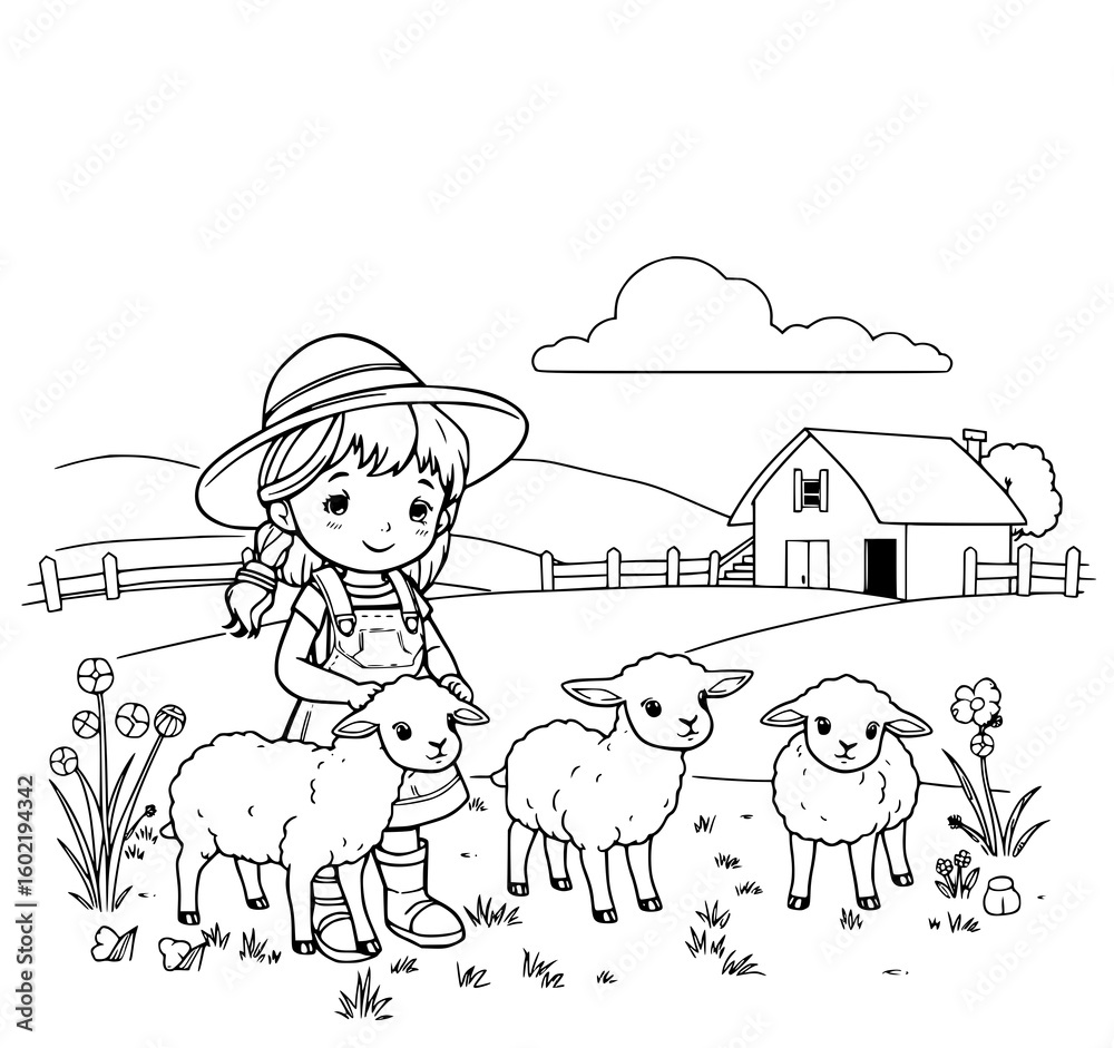 Naklejka premium Farm Girl with Lambs: A charming black and white line art illustration of a happy girl in overalls and hat tending to three adorable lambs in a picturesque farm setting.