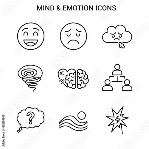 line art icons representing emotions and mental states, including happiness, sadness, thoughtfulness, and abstraction.