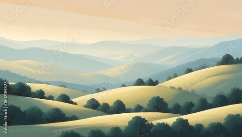 Serene rolling hills bathed in soft golden light under a pale sky