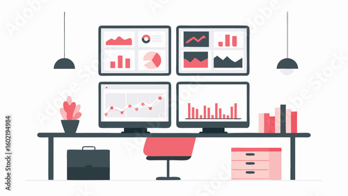 A workstation setup with four monitors displaying data charts and graphs in a modern office space