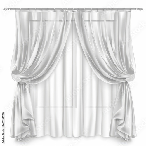 White curtains with a sheer layer hanging on a rod with a white background