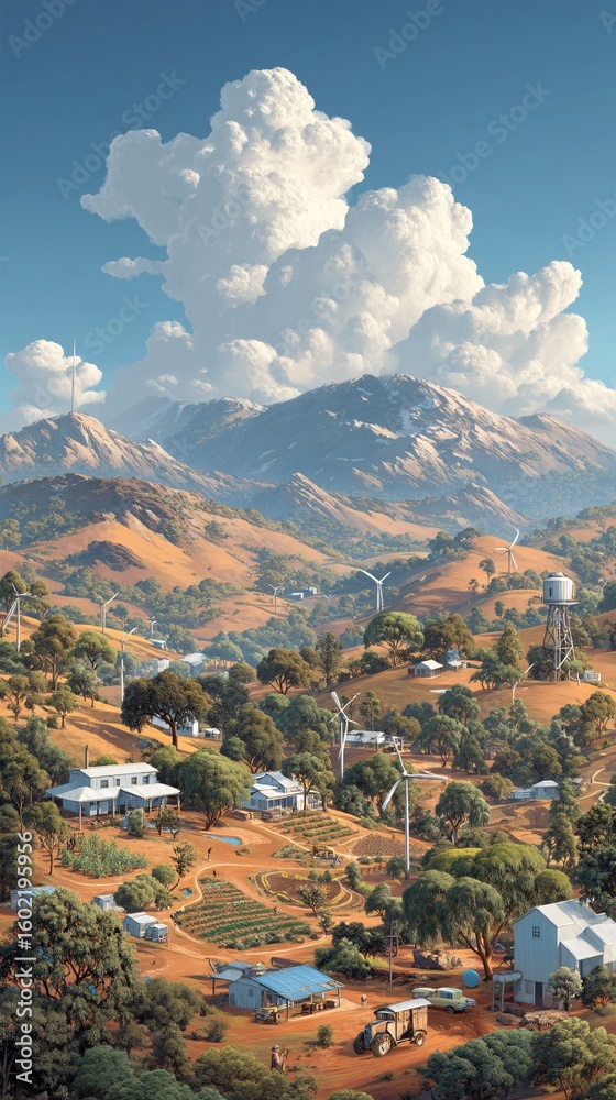 Obraz premium Scenic Rural Landscape with Wind Turbines and Mountains in Background