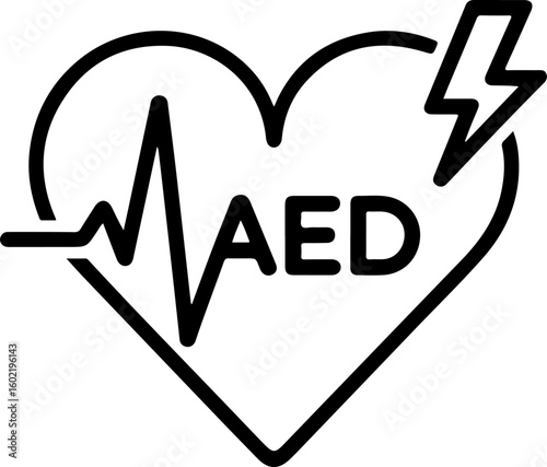 Heart symbol with electrocardiogram line and aed text and lightning bolt