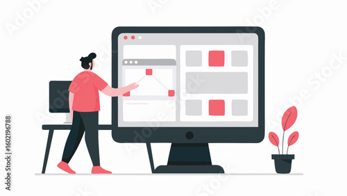 Man pointing at a large computer screen displaying a user interface with red and gray elements near desk