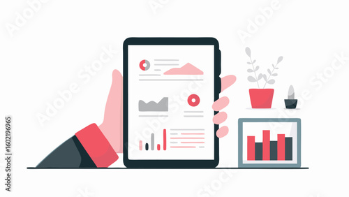 Hand holding tablet displaying charts and graphs with a smaller chart and plants nearby