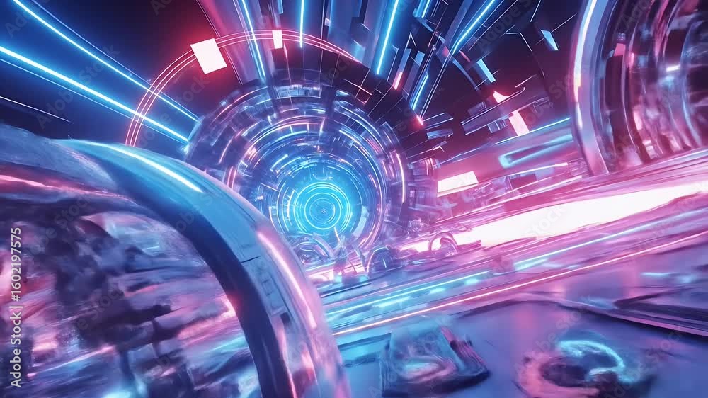 Futuristic neon tunnel with glowing circular patterns and metallic structures