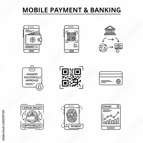 Mobile Payment and Banking Icons for Digital Transactions and Security