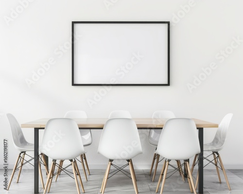 A white dining room table with six white chairs against a white wall with a large black picture frame hanging above