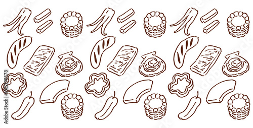 Big collection italian pasta. Different types of uncooked pasta for backgrounds, menu, stickers, cafe, restaurant, bar, shop. Seamless pattern of Italian cuisine staples. Vector hand drawn style illus