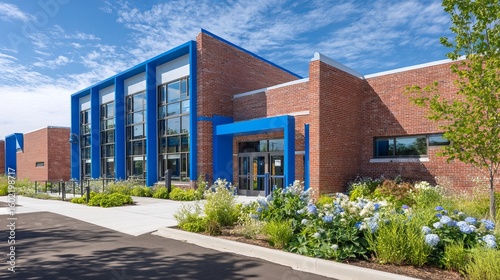 Modern eco-friendly elementary school with brick facade and greenery
