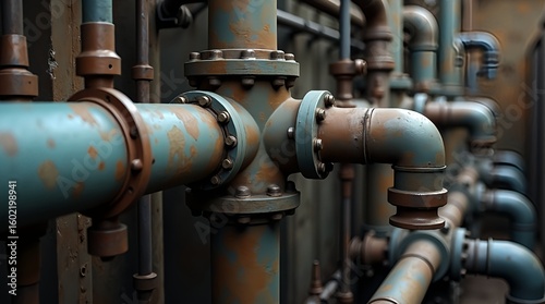 Rust-Colored Pipes and Star Valve in Factory Setting
Industrial pipe system with oxidation and patina accents. Star-shaped valve at center. 