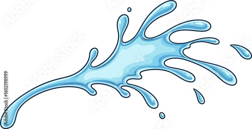 Cartoon water splash vector illustration. Blue liquid spill or drop design element isolated on white background.