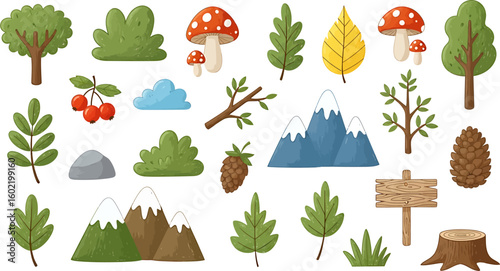 Charming Forest Elements Trees, Mountains, Mushrooms & Nature Illustrations