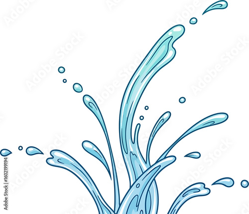 Stylized blue water splash with flowing droplets. Isolated vector graphic element for freshness concepts.