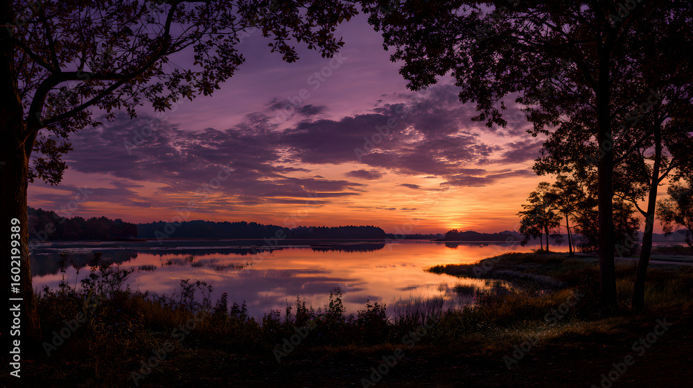 Obraz premium Golden Hour Symphony: Embracing the Splendor and Serenity of Nature's Twilight Canvas Over Tranquil Waters Under a Majestic Yellow Sunset