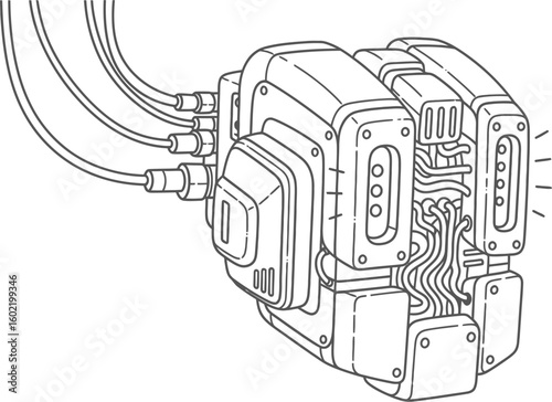 Futuristic technology module with complex wiring and data ports. Sci-fi hardware server illustration.