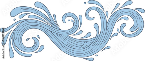 Ornate illustration of a flowing water wave with decorative swirls and splashes. A stylized vector graphic element.