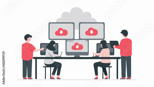 People collaborating on cloud computing with computers and tablets in a modern office space setting
