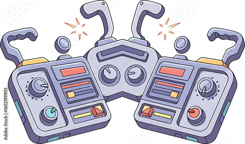 Vector illustration of futuristic remote control consoles with joysticks for a two-player competition