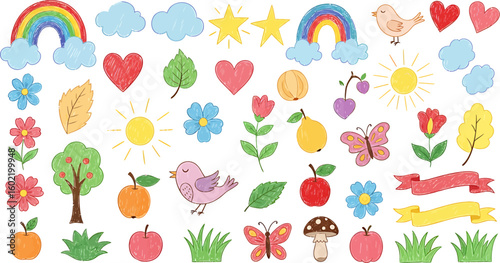 Collection of cute hand-drawn nature icons with a crayon texture. Whimsical vector set of spring and summer elements.