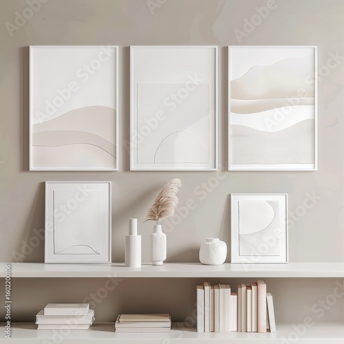 Set of five abstract art prints in white frames with muted beige and gray tones The prints feature organic shapes and lines and are displayed on a white shelf with a vase of pampas grass