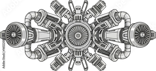 Futuristic mechanical engine with symmetrical turbine design. Grayscale sci-fi machinery illustration concept 78.eps
