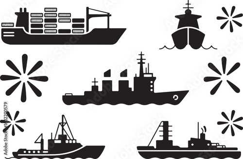  Diverse Collection of Maritime Ships and Vessels Icons in Black Silhouette, Representing Various Types of Watercraft for Nautical and Shipping Themes