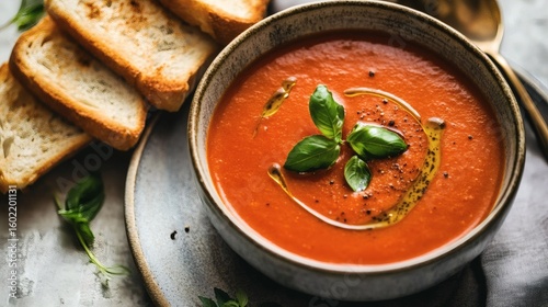 Close-up of a bowl of vibrant tomato soup with toasted bread.