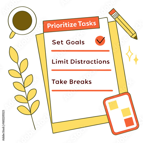 A visual representation of prioritizing tasks with a checklist including setting goals limiting distractions and taking breaks alongside a cup of coffee and a pencil
