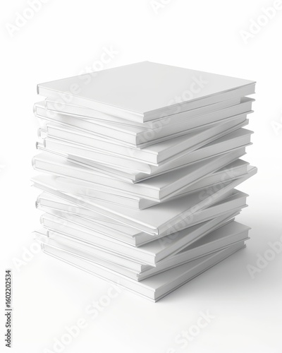 A stack of blank white hardcover books on a white background