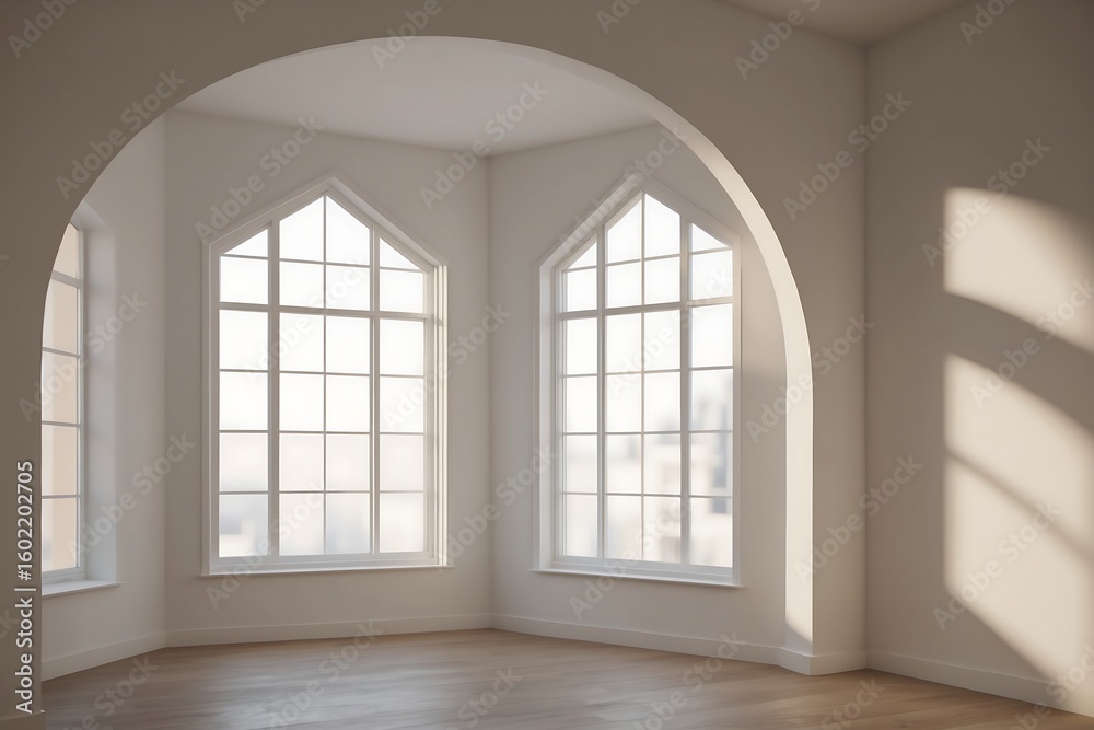 Fototapeta premium Empty Room Interior with Arched Windows and Sunlight - Modern Home Design Space