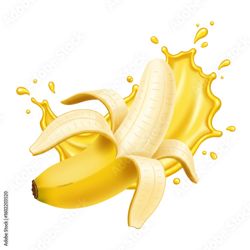 Half-peeled banana with juice splashing is a tropical fruit delight for smoothies and desserts