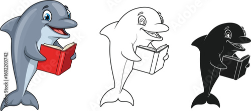 Dolphin reading book cartoon illustration vector drawing for kids education design