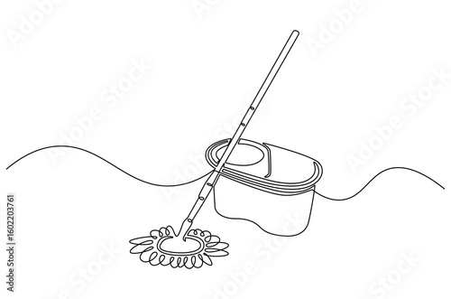 Continuous one line drawing of Cleaning mop and bucket. Single line drawing illustration of Mop and plastic bucket. Floor cleaning equipment concept vector art. Doodle line illustration.