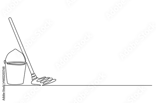 Continuous one line drawing of Cleaning mop and bucket. Single line drawing illustration of Mop and plastic bucket. Floor cleaning equipment concept vector art. Doodle line illustration.