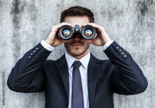 Focused young man in suit with binoculars against concrete wall business looking