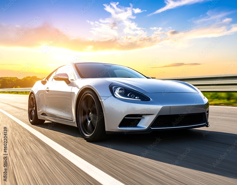 Sleek sports car on a highway at sunset Sleek sports car on a highway at sunset