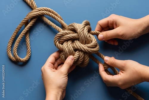 Hands Untangling Intricate Rope Knot - Problem Solving & Complex Challenge Resolution