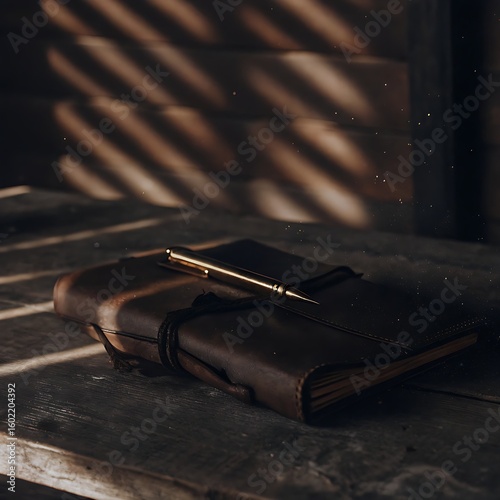 Capture your thoughts in a timeless leather journal with elegant pen, perfect for writers, designers, and anyone seeking creative inspiration in a rustic setting