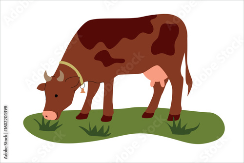 Flat illustration of a brown dairy cow grazing on green grass. Simple cartoon style with minimal details, ideal for farm themes, children books, education, and agricultural content. Vector