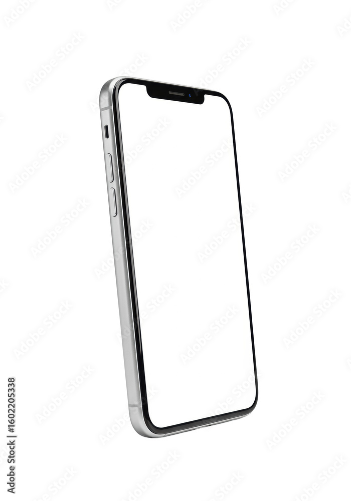 A modern metallic silver smartphone with a blank white screen and black notch, standing upright at an angle against a clean white background with copy space, professional product photography concept