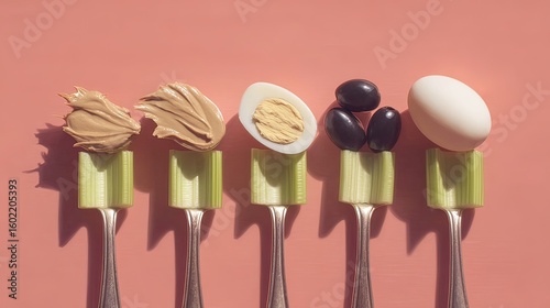 Celery, egg, olives, peanut butter, pink background, healthy snack