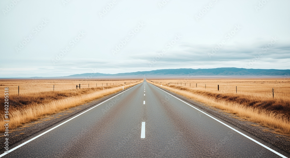 Fototapeta premium A long, straight asphalt road stretches through a vast, dry, grassy plain towards distant mountains under a cloudy sky.