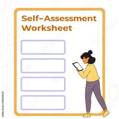 A woman uses a tablet to complete a self assessment worksheet with four blank input fields for personal reflection and evaluation