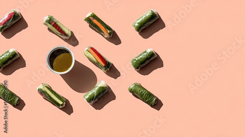Fresh veggie rolls, dipping sauce, peach background, sunlight